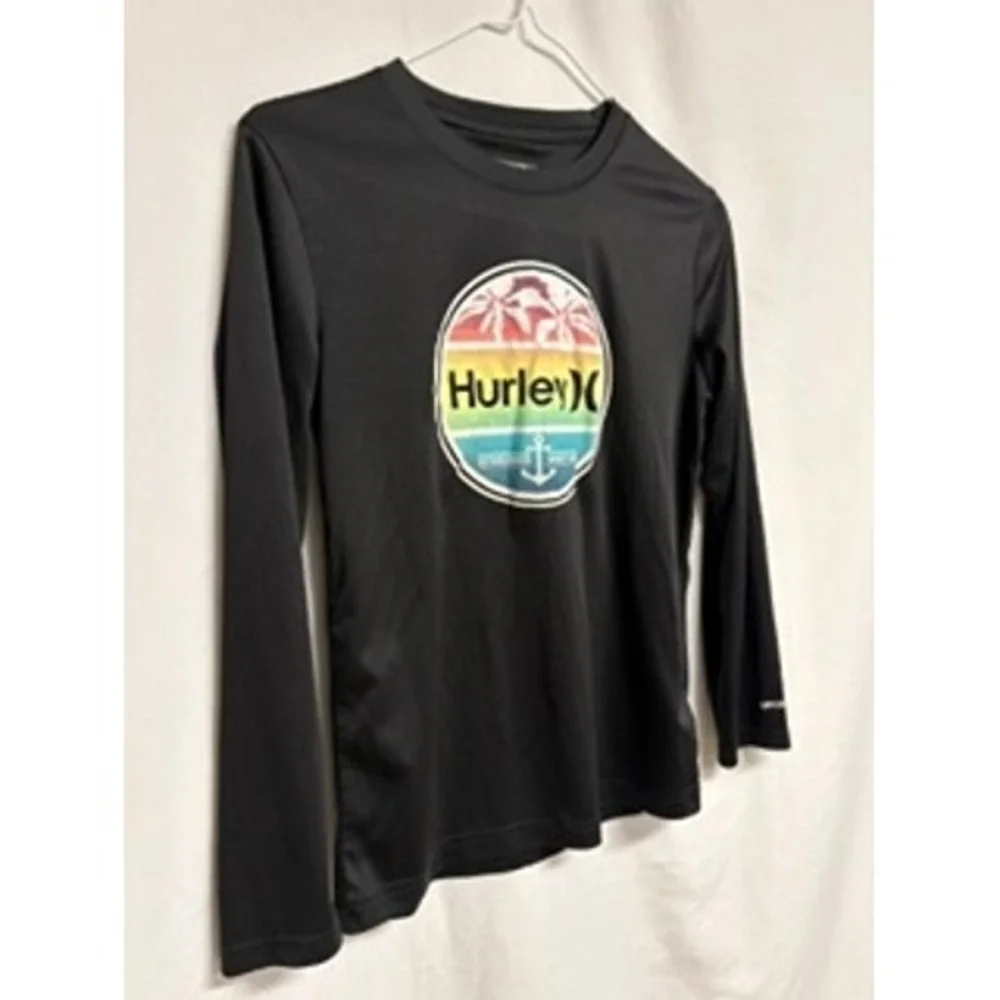 Hurley Kids Black H2O-Dri Long Sleeve Rash Guard UPF 50+ Swim Shirt Size 10/12